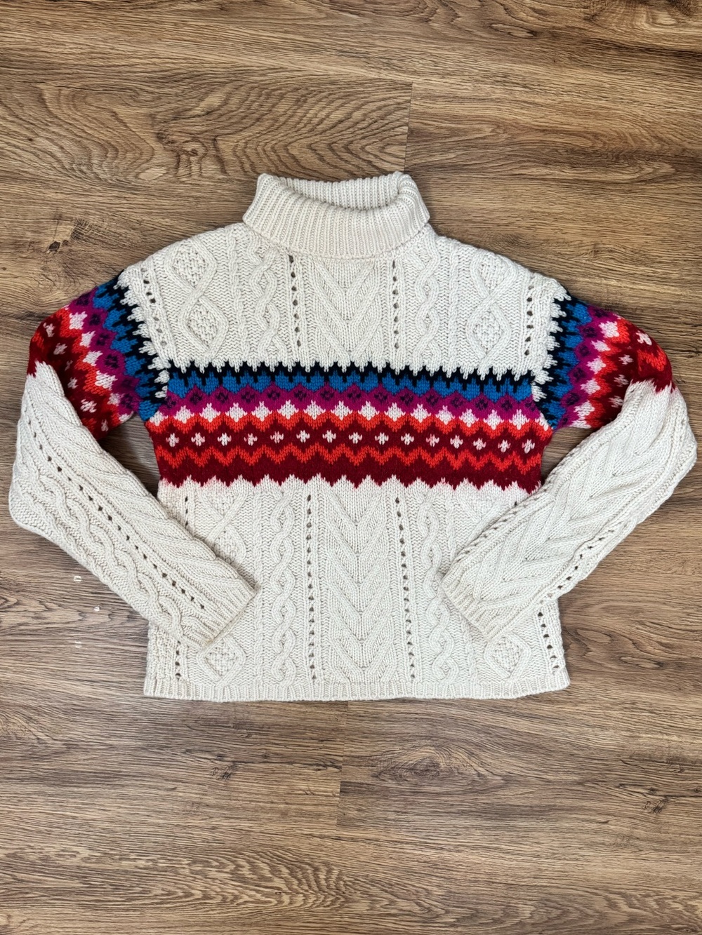 Turtleneck Cable Knit Willow Sweater with Multicolor Fair Isle Yoke - Cream